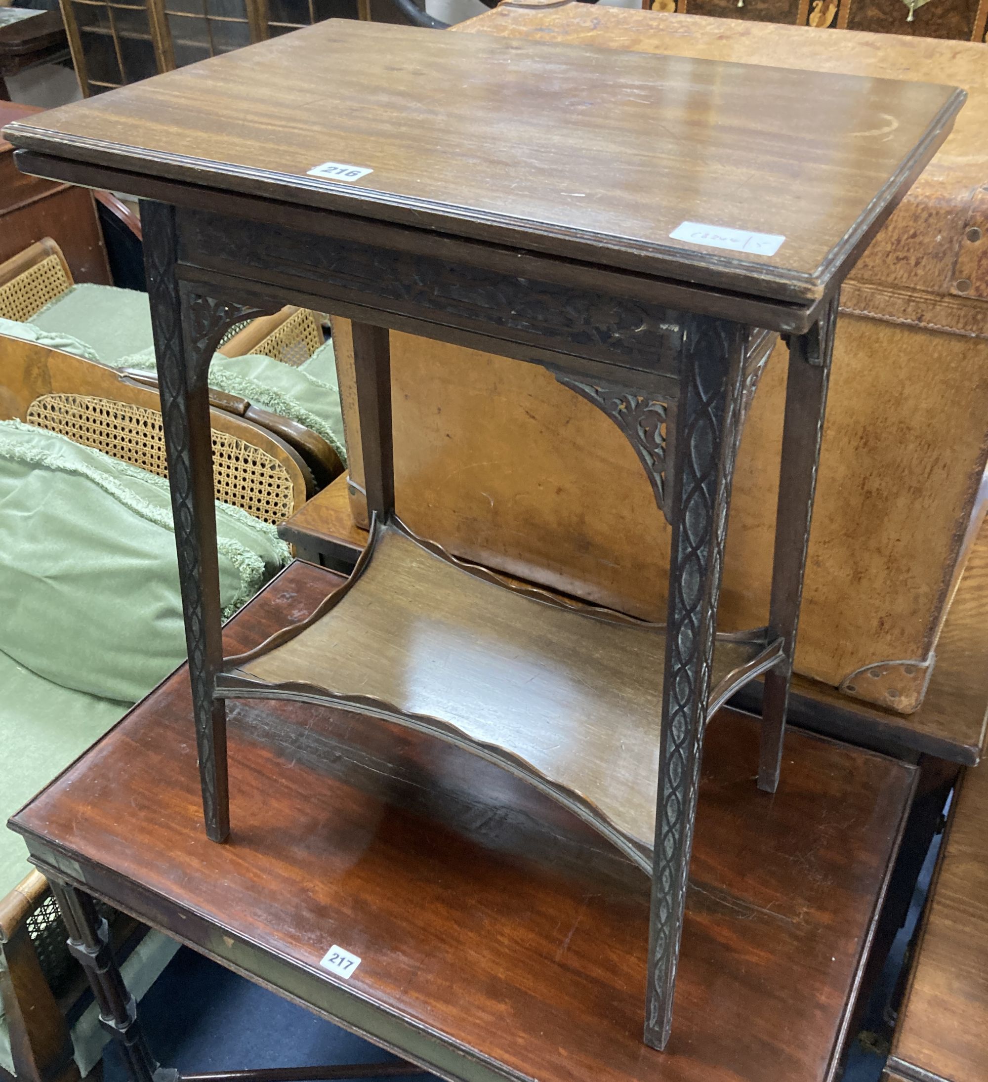 An Edwardian mahogany blind fret folding tea table, width 52cm, depth 37cm, height 69cm